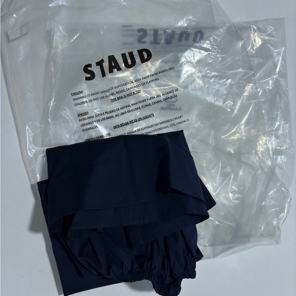 STAUD Vanessa halterneck cotton blend poplin dress pocket tie back midi navy xl - Picture 3 of 14